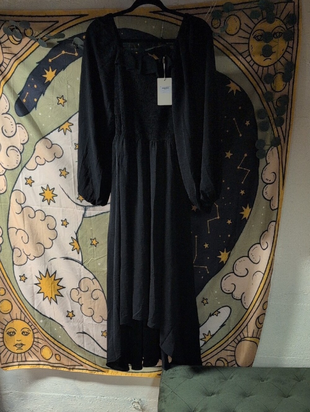 Joyfolie Black Long Sleeve Smocked Midi Dress with Tie